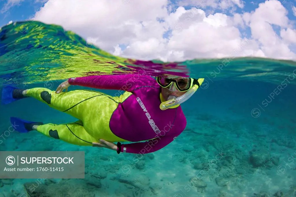 Caribbean, Bonaire, Woman free diving in turquoise ocean.