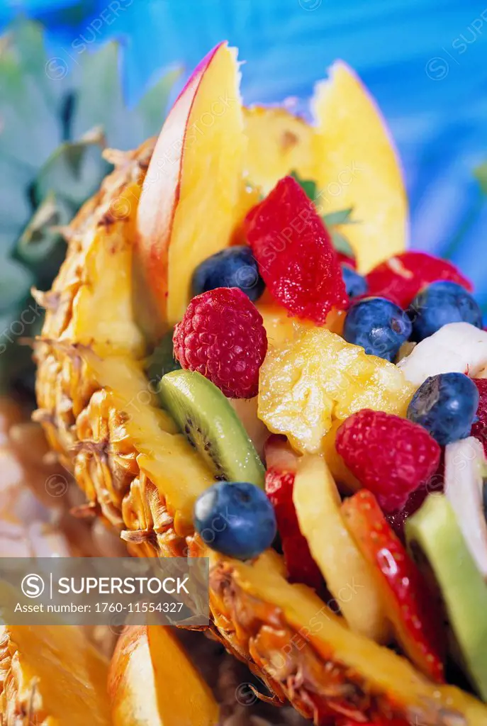 Luscious Fresh Fruit Salad Served In Tropical Pineapple Assortment