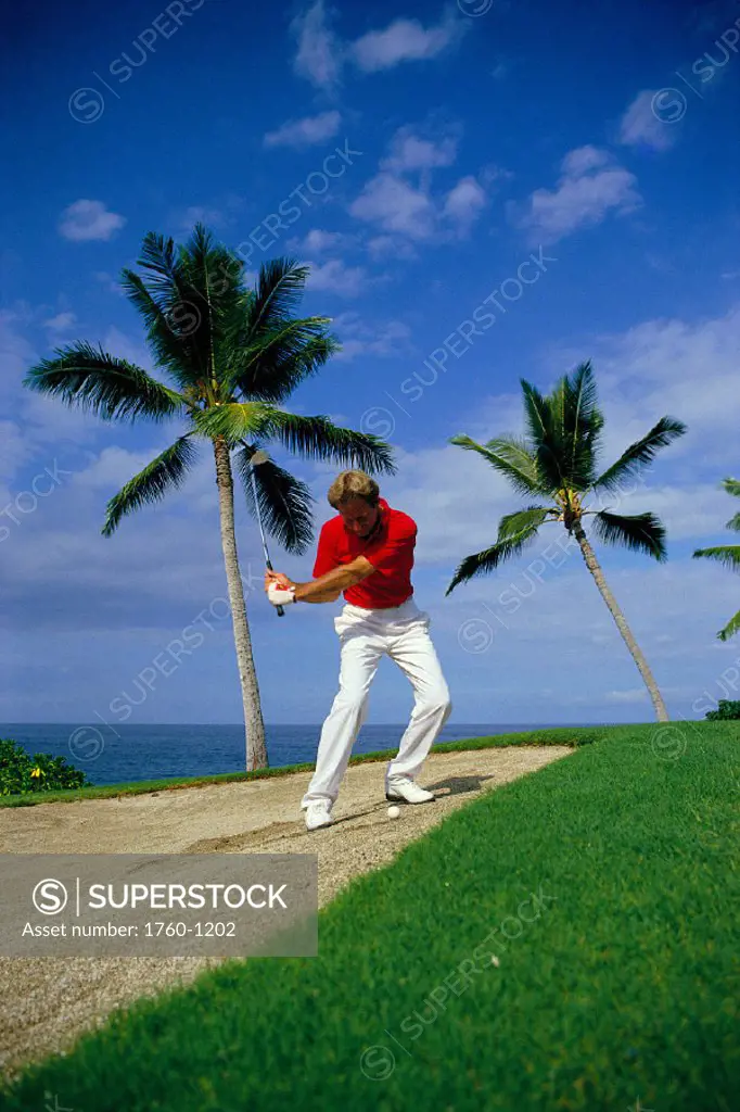 Hawaii BigIsle, Kona Country Club, golf Pro Ken Springer, sand trap, 12th hole A19E