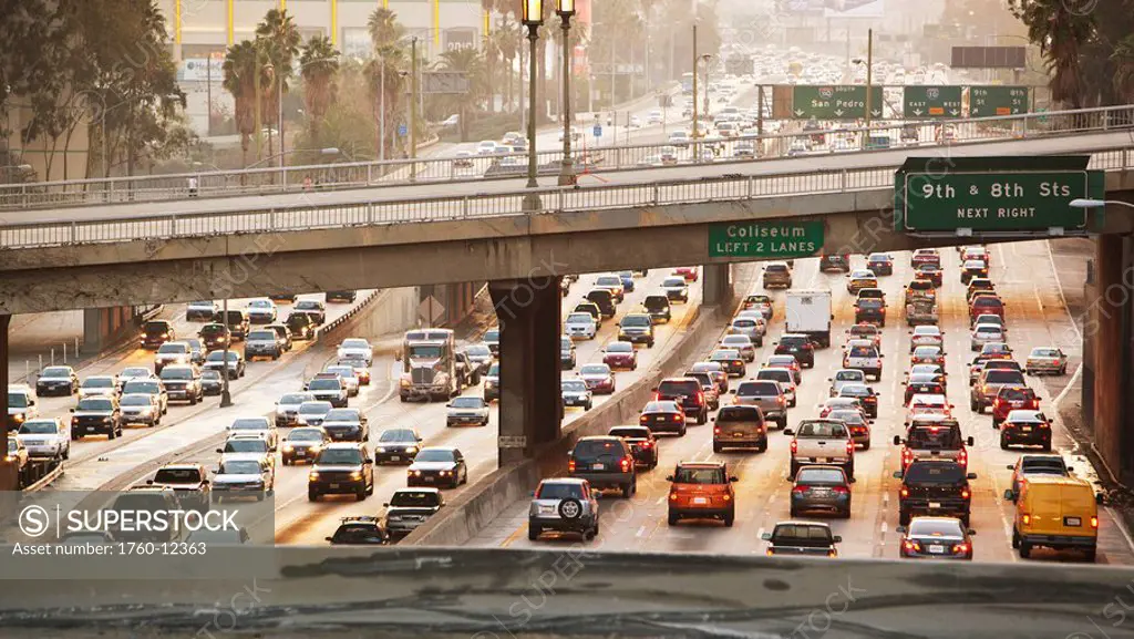 California, Los Angeles, Freeway traffic in downtown LA at sunset
