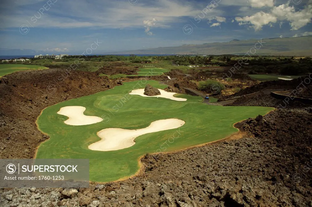 Hawaii, Big Island, Kohala, Mauna Lani Resort, Francis I´i Brown, North Golf Course, sand traps, lava surrounding green