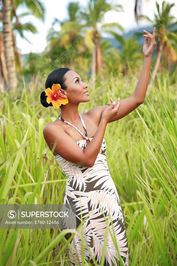Hawaii, Oahu, Beautiful Local female doing a hula dance in a coconut field with tall green grass.