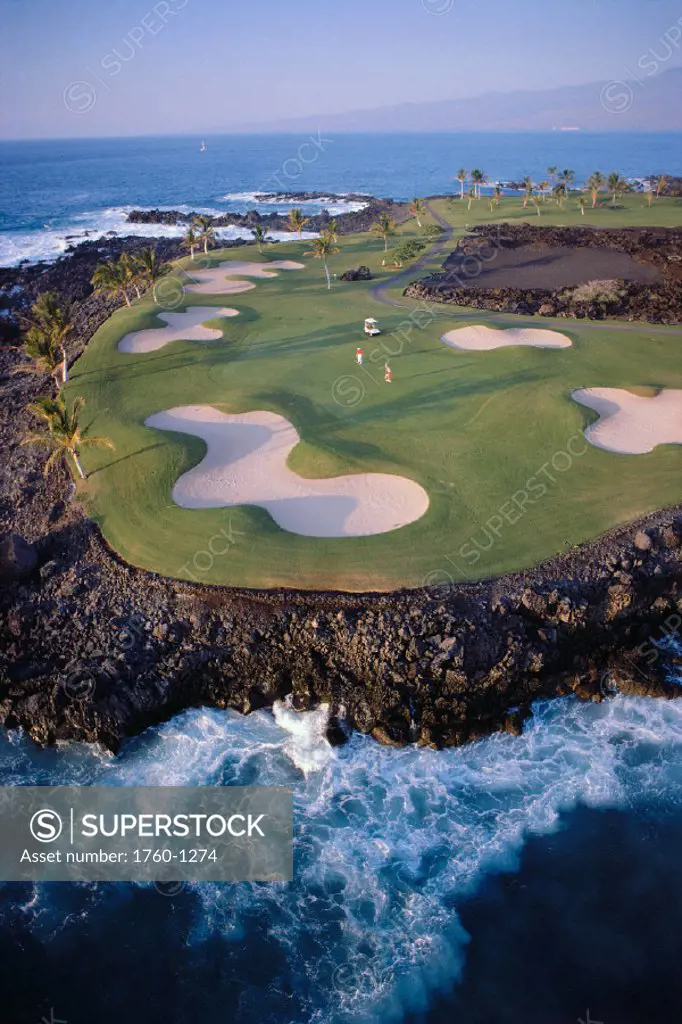 BigIsle, Mauna Lani Resort Golf Course 6th hole aerial, people on green, ocean C1281