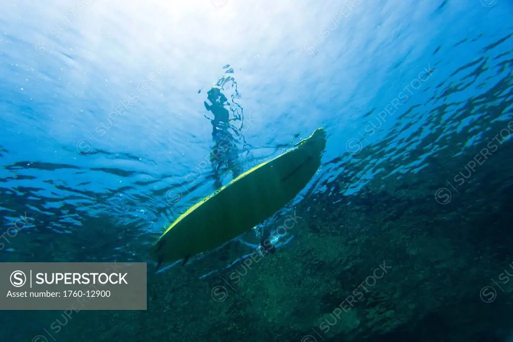 Hawaii, Maui, Makena, Stand up paddle surfer, view form under water