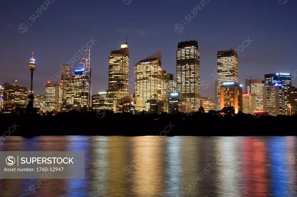 Australia, Sydney, City skyline at night with Sydney Tower.