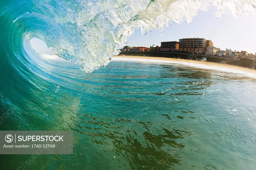 California, Redondo Beach, Large ocean wave, view into the barrel