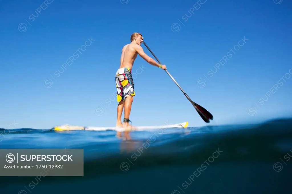 Hawaii, Maui, Paia, Athletic stand up paddle surfer in Maui´s North Shore, over_under shot