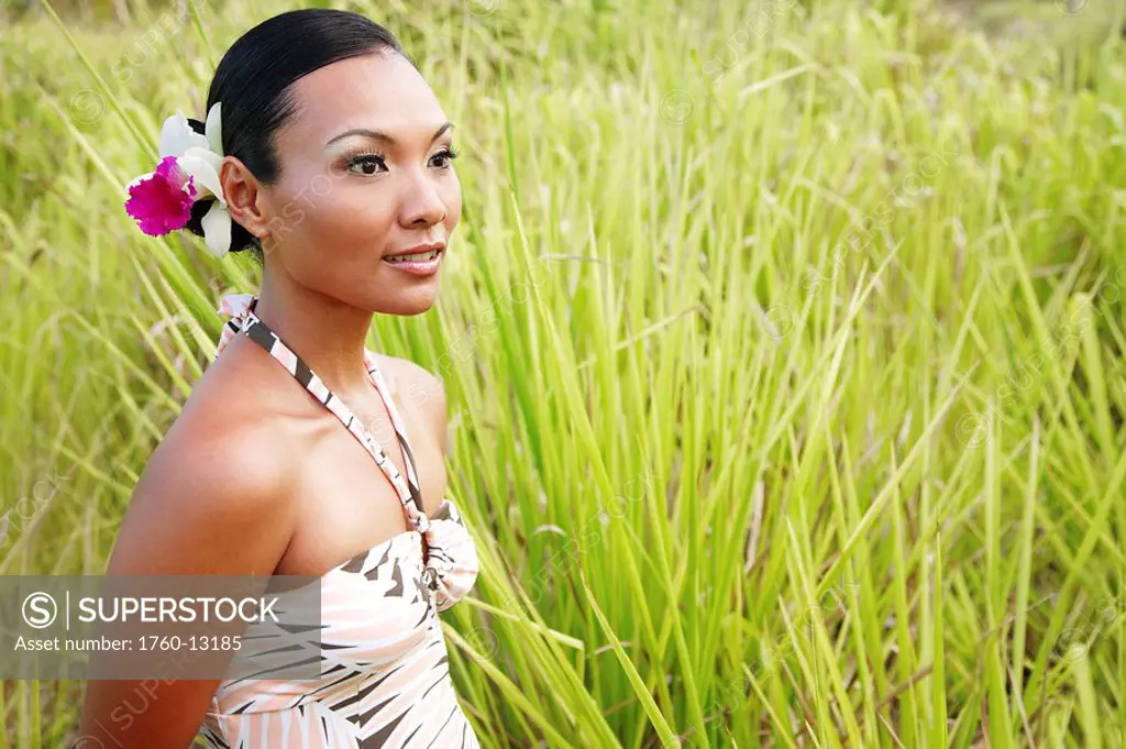 Hawaii, Oahu, Local Beautiful female standing next to tall green grass