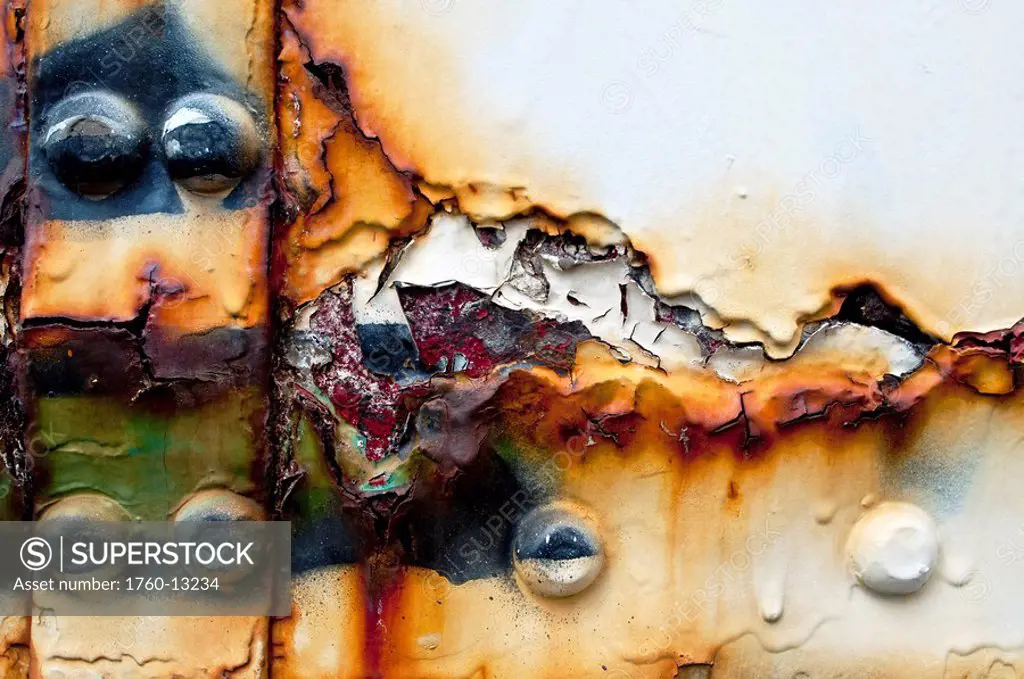 New Mexico, Abstract of paint, graffiti and cracks on metal surface.
