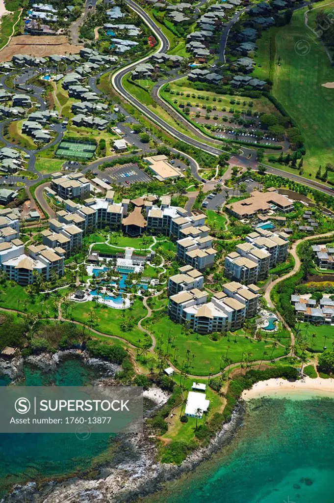 Hawaii, Maui, Kapalua, Aerial of Ritz_Carlton residences.