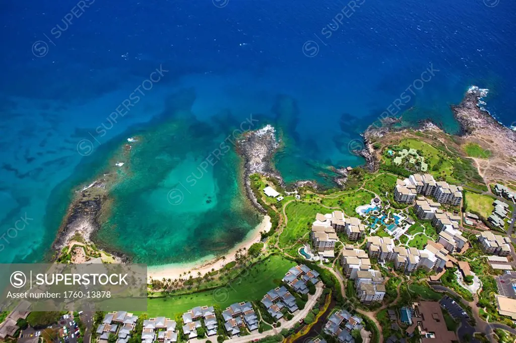Hawaii, Maui, Kapalua, Aerial of Ritz_Carlton residences.