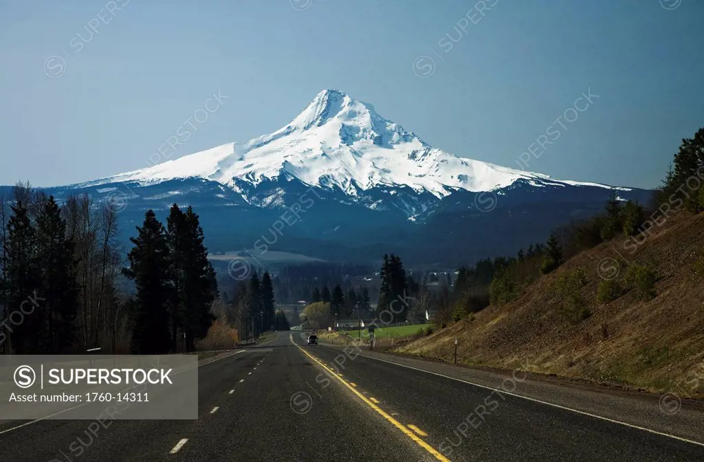 Oregon, View of Mount Hood from highway near Hood River.