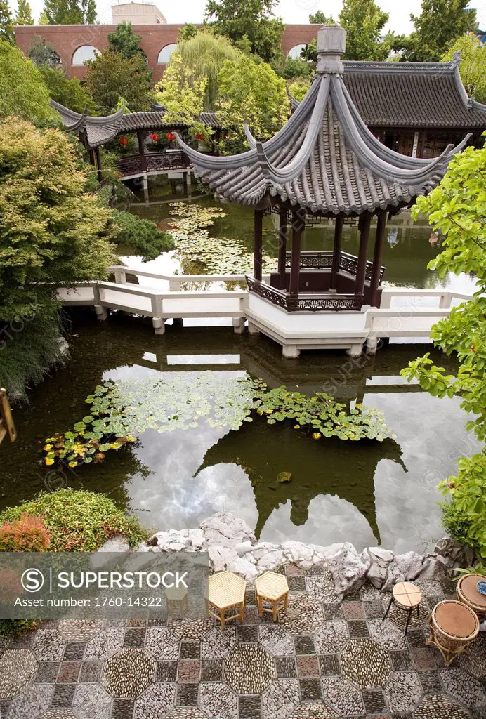 Oregon, Portland, Chinatown, Chinese Gardens, Overlooking patio, pond and gardens