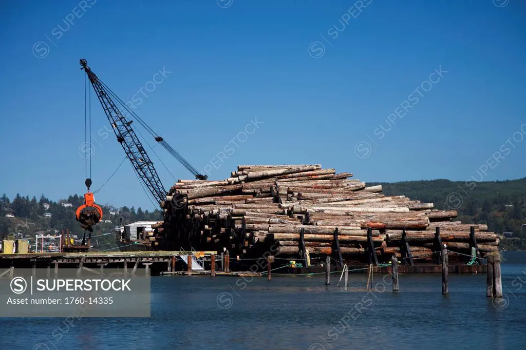 Oregon, Coos Bay, Logging industry along river, Crane lifting logs on dock. Editorial Use Only.