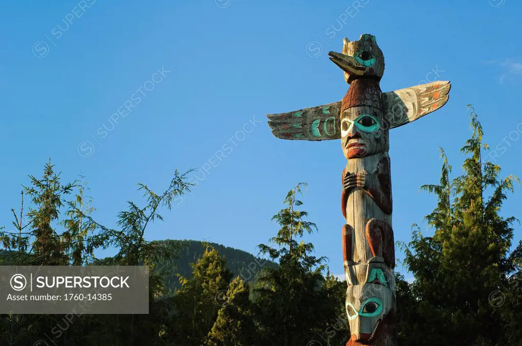 Alaska, Ketchikan, Saxman Totem Park, Top of Tlingit totem pole.