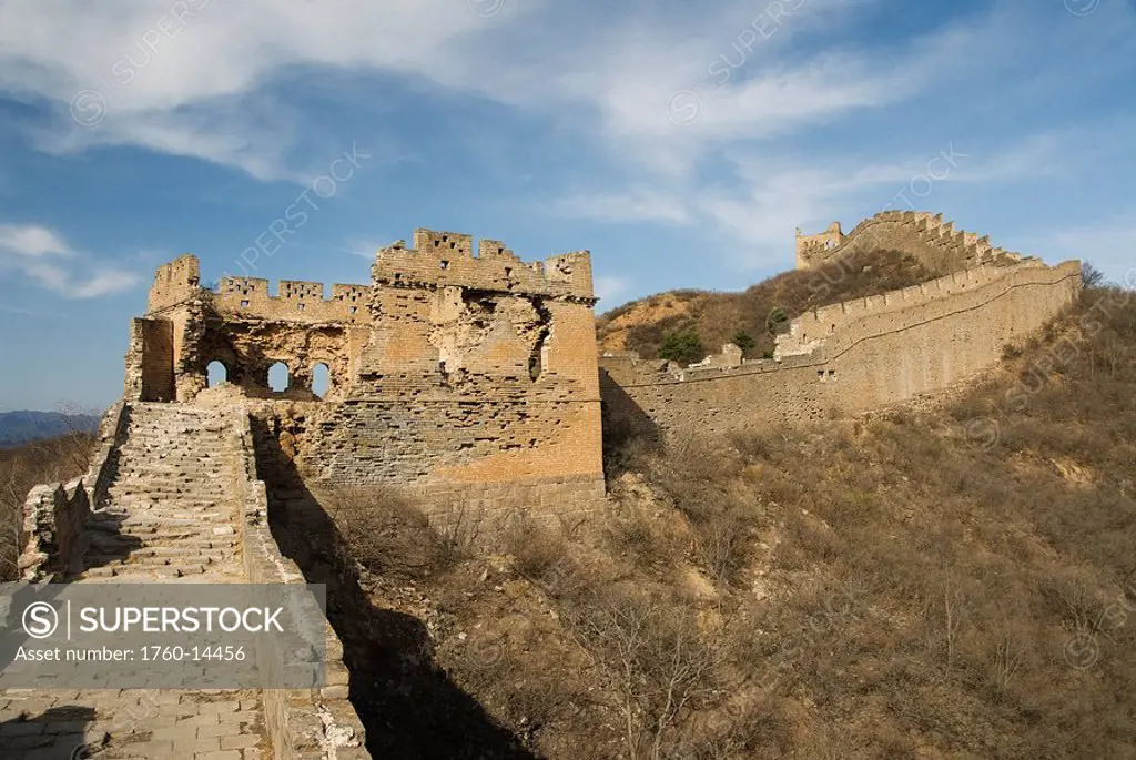 China, Jinshanling, The Great Wall of China, Old crumbling part of wall and steps.
