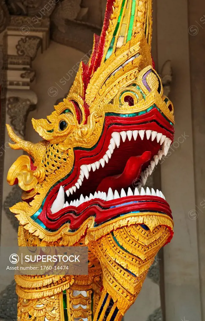 Thailand, Chiang Mai, Dragon figure at Wat Chedi Luang Wora Wihan Buddhist temple.