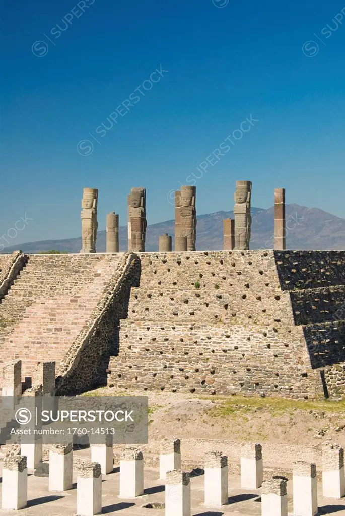 Mexico, Hidalgo, Tula de Allende, Archaelogical Zone of Tula Toltec Ruins, Temple of Quetzalcoatl, Atlantes warrior statues.