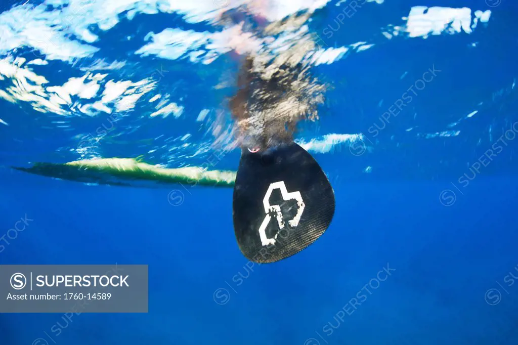 Hawaii, Maui, Underwater view of woman Stand Up Paddleboarding.