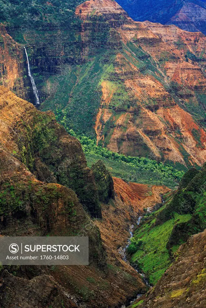Hawaii, Kauai, Waimea Canyon State Park, Waipo´o Falls on cliffside.