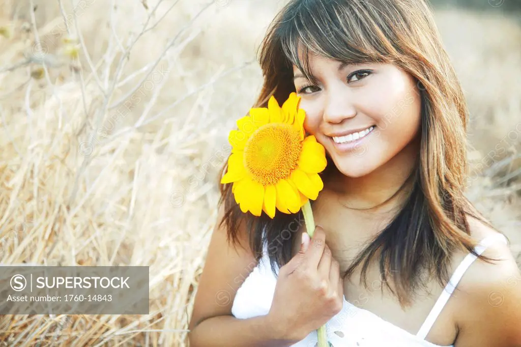 Hawaii, Oahu, Headshot of beautiful Asian woman with Sunflower.