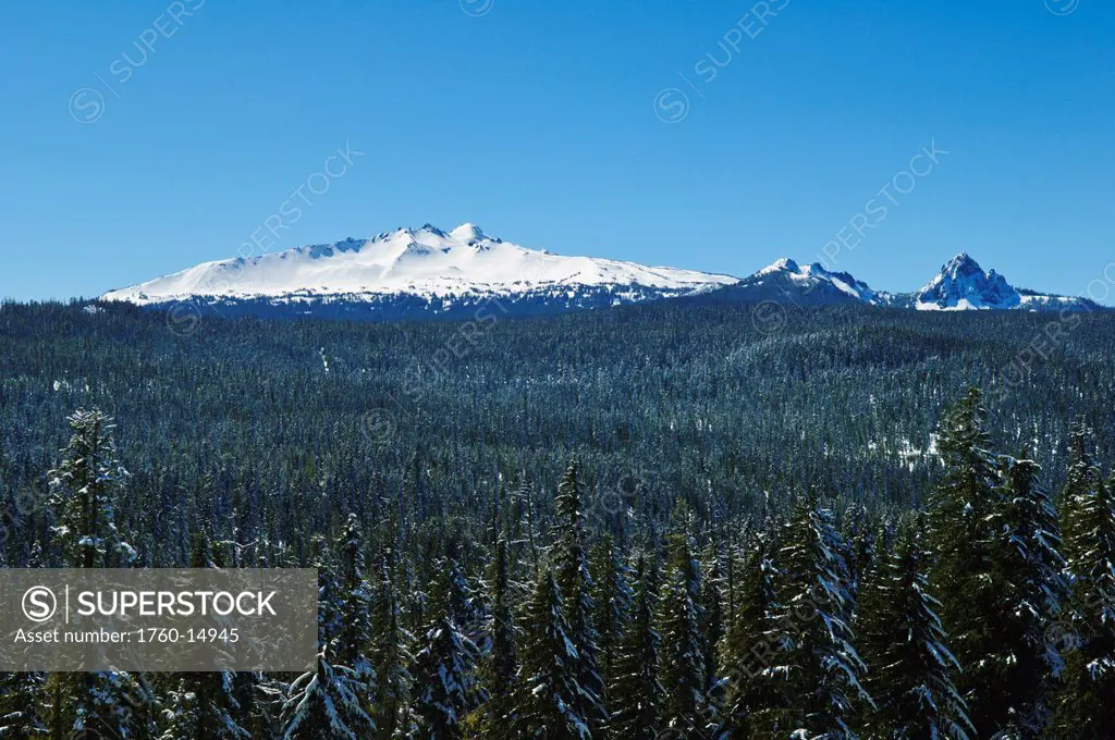 Oregon, Cascade Mountains, Diamond Peak center_left and Mount Yoran right from highway 58 viewpoint.