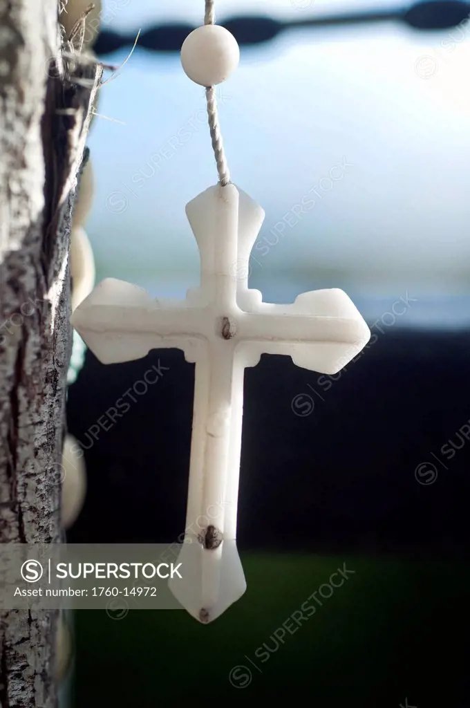 New Mexico, El Sanctuario de Chimayo Lourdes of America, Crucifix hanging from tree. Editorial Use Only.