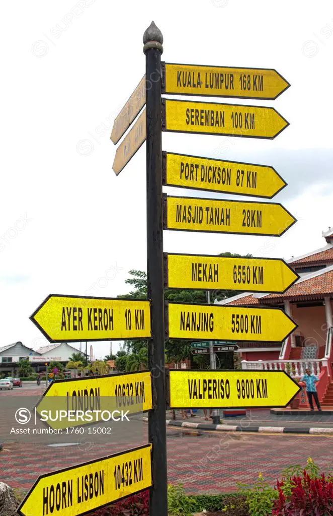 South East Asia, Malaysia, Melaka aka Heritage City, A sign displays the distance in kilometers, to other destinations.