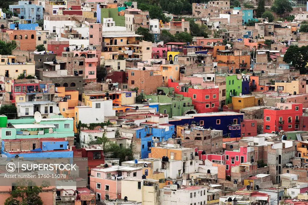 Mexico, Guanajuato, Colorful hillside houses.