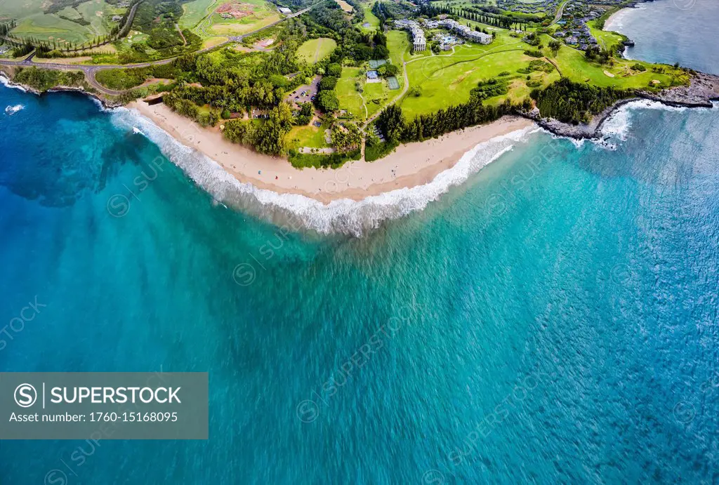 Aerial view of the Ritz-Carlton Hotel Kapalua, DT Fleming Beach Park, Honokahua Bay and Makaluapuna Point; Lahaina, Maui, Hawaii, United States of Ame...
