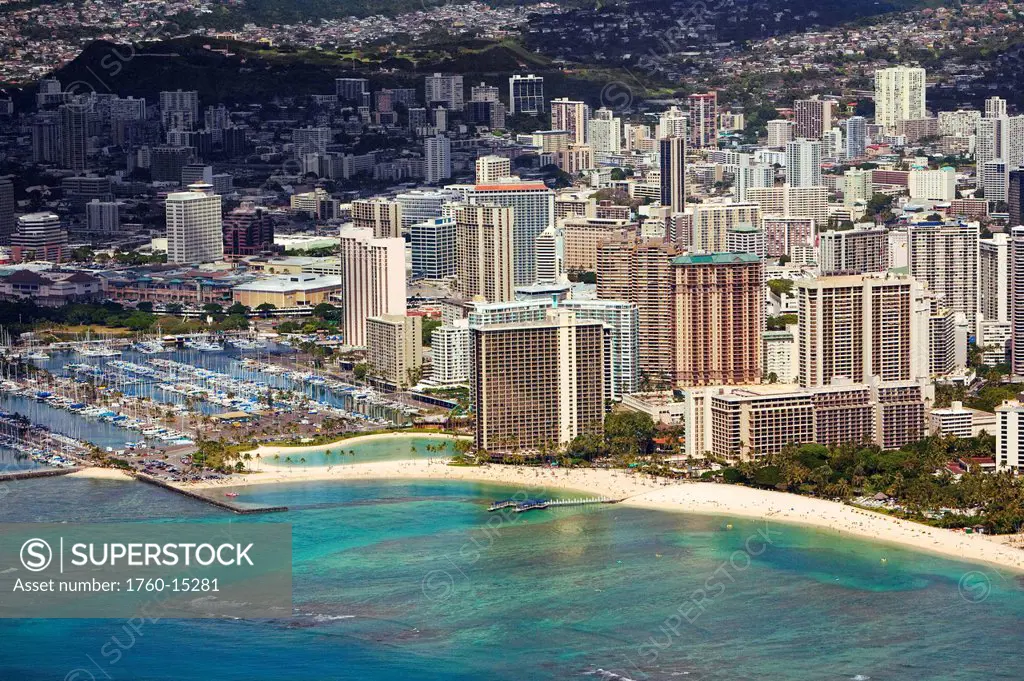 Hawaii, Oahu, Honolulu, Aerial of Waikiki Hotels and Ala Wai Yacht Harbor.