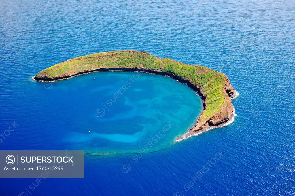 Hawaii, Maui, Molokini, Aerial shot of the crescent shaped islet.