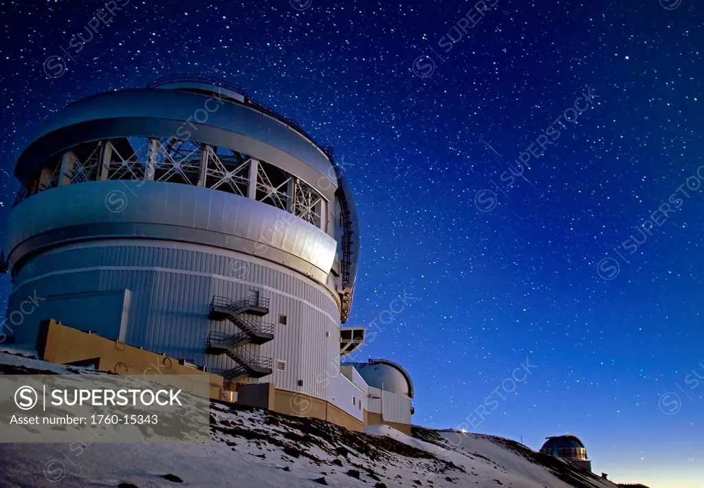 Hawaii, Big Island, Mauna Kea summit, Gemini Observatory and stars at night.