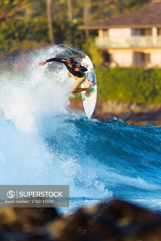 Hawaii, Maui, Kapalua, Professional surfer Albee Layer catches air off a wave. FOR EDITORIAL USE ONLY.
