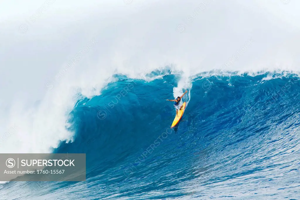 Hawaii, Maui, Peahi, Professional surfer Danilo Couto rides a wave at Peahi, also know as Jaws. FOR EDITORIAL USE ONLY.