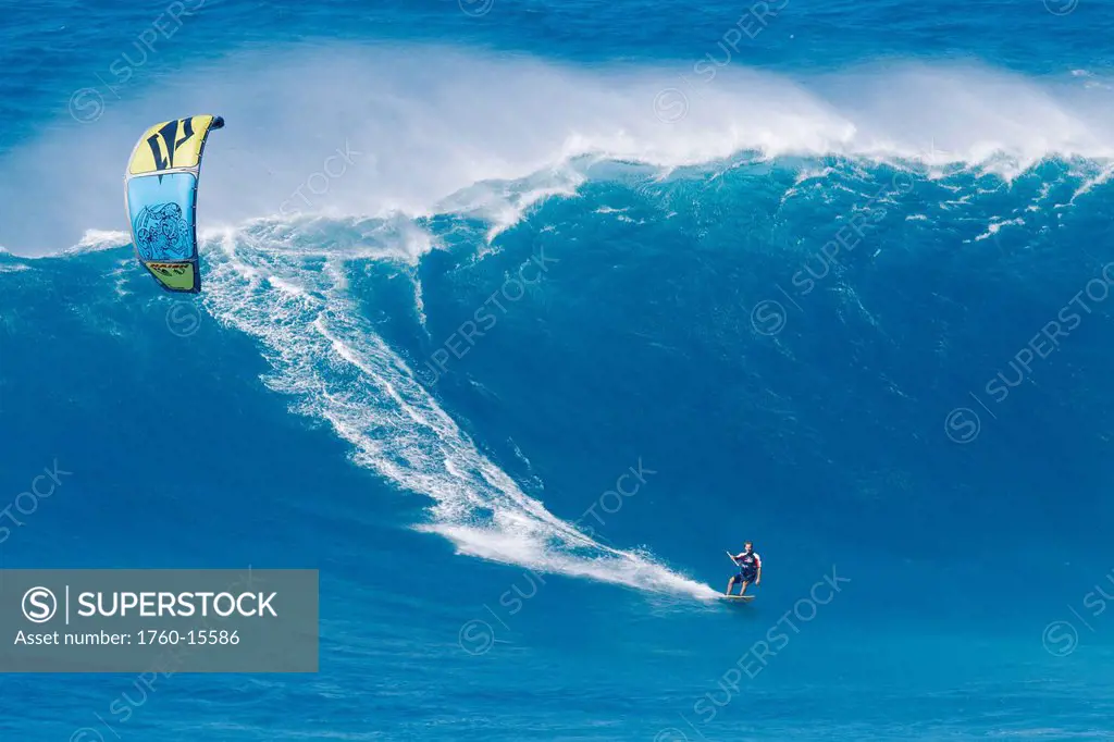 Hawaii, Maui, Peahi, Kitebaorder rides a large wave at Peahi, also know as Jaws. FOR EDITORIAL USE ONLY.