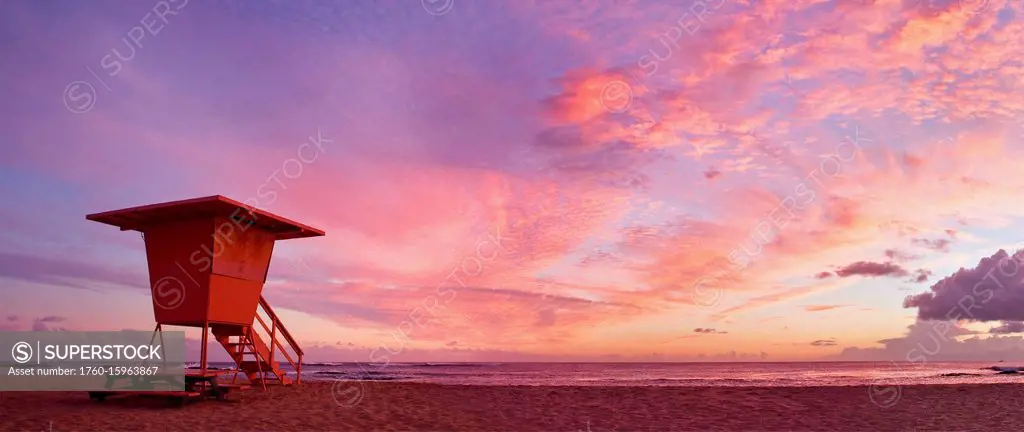 Hawaii, Kauai, Salt Ponds Beach, Lifeguard Tower At Sunset.