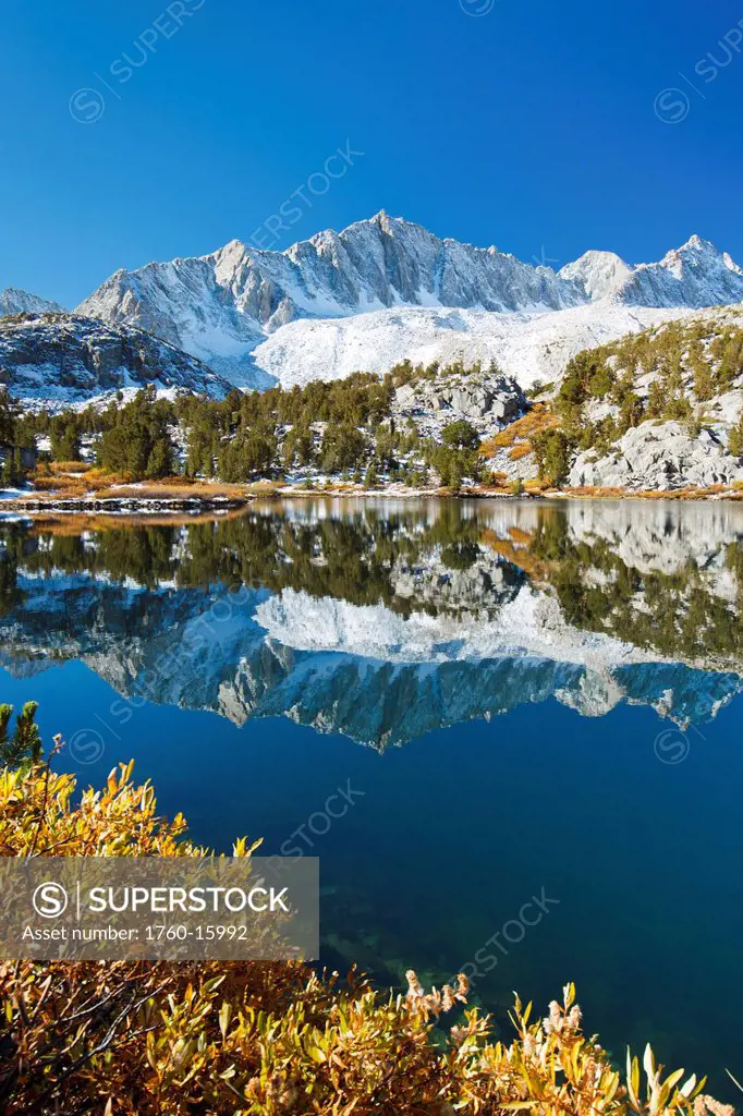 California, Eastern Sierras, Beautiful mountain lake scene with dramatic snowy peaks