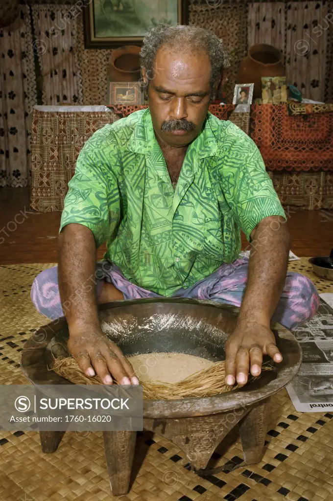 Fiji, Viti Levu Island, Navala Village, Tui Talili preparing kava for guests at Bulou's Eco lodge.  FOR EDITORIAL USE ONLY.