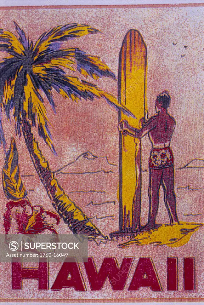 Tourist art, surfer and coconut tree, Hawaii c.1950-1960