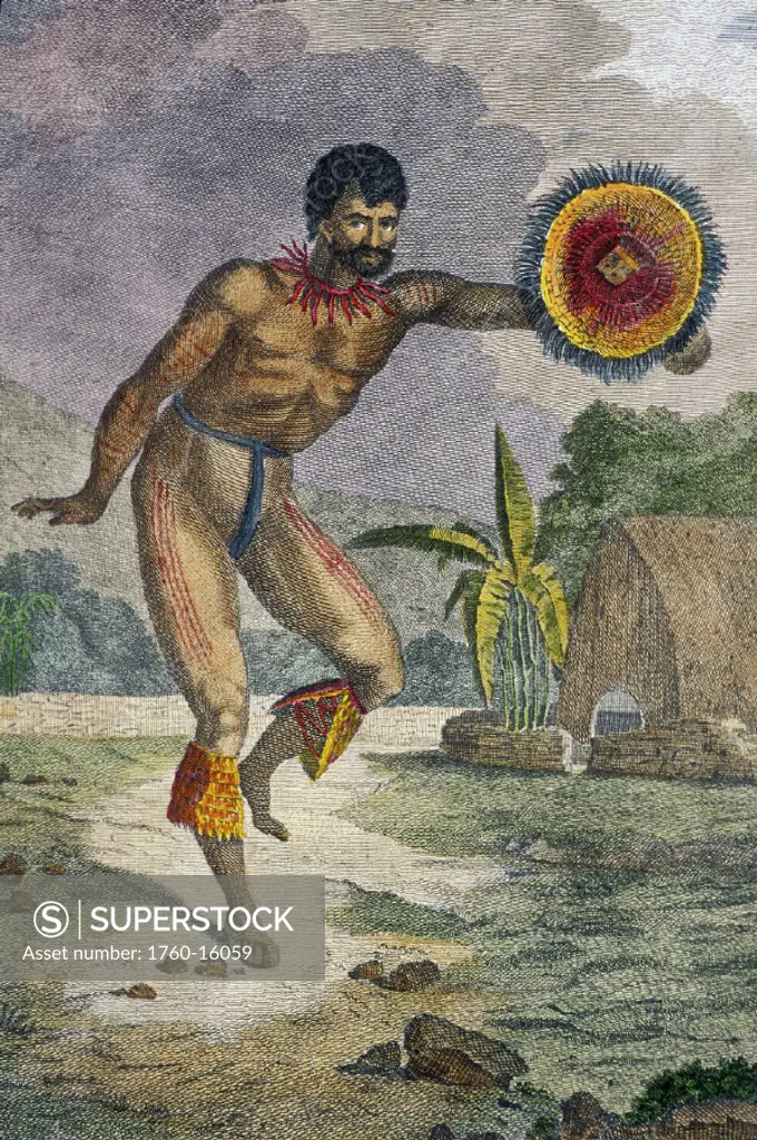 c.1784 Hawaii, Art engraving, Webber, hand colored, man dancing with uli-uli (gourd)