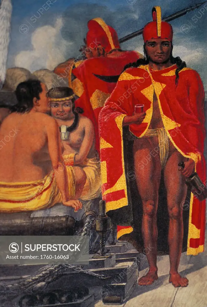 c.1818 Hawaii, Painting of Boki and Hekili on Sloop Kamchatka