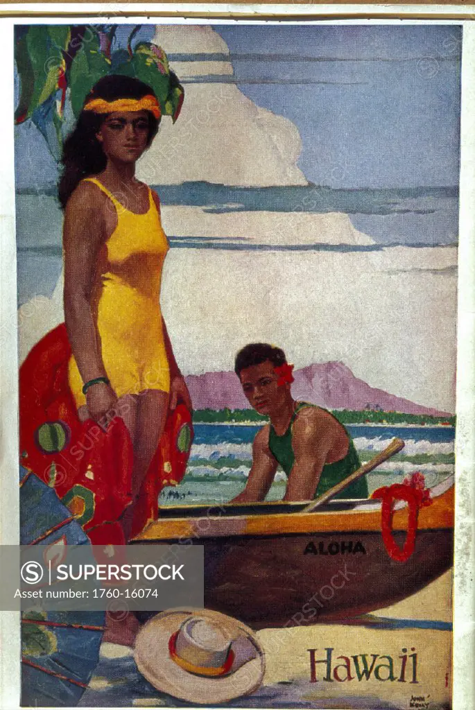 c.1925 Hawaii advertising art sunbathe & paddler, Diamond Head bkgd D1479