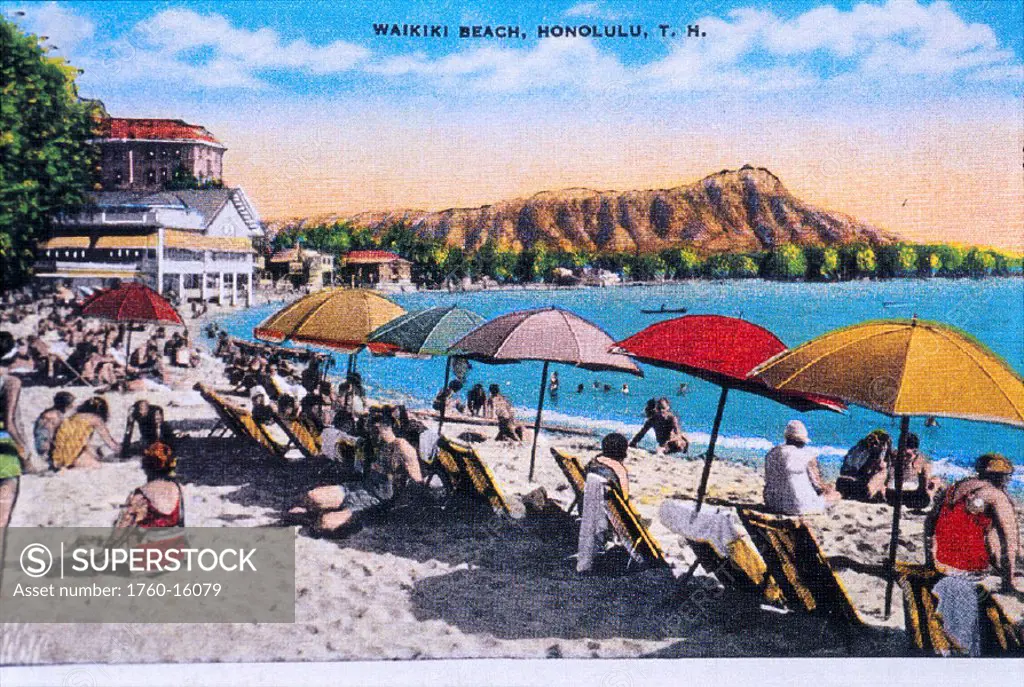 c.1925 Hawaii, Waikiki and Diamond Head, umbrellas, tourists B1431
