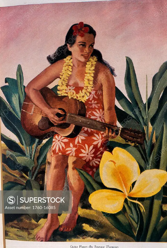 c.1940 Girl w/ guitar flower in hair and lei B1428