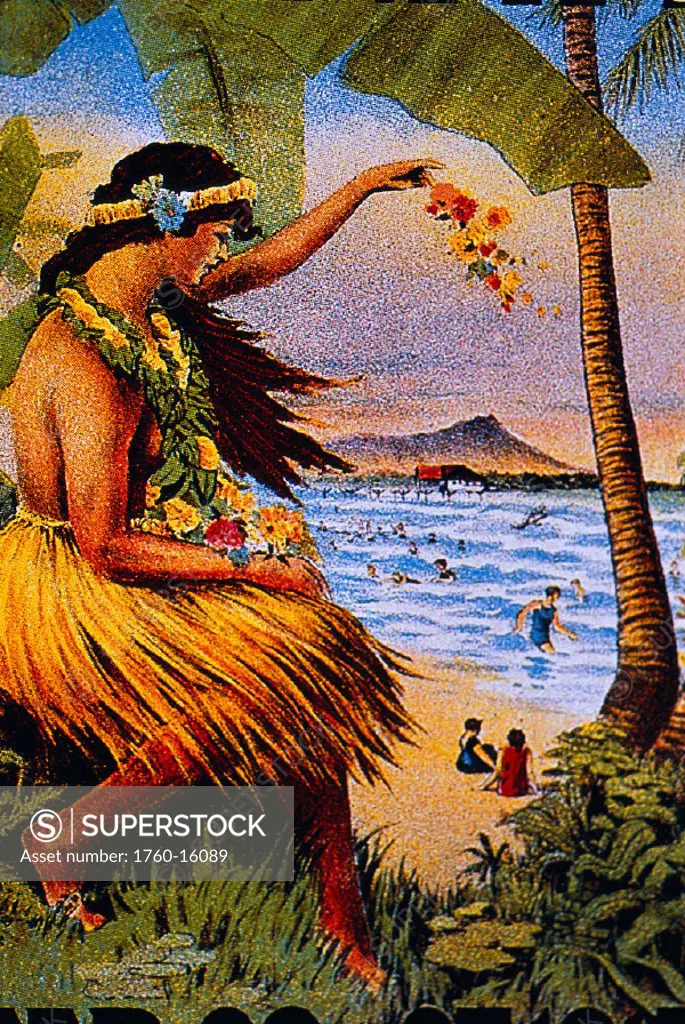 c.1915 MidPacific carnival, hula girl w/ flowers, poster art, Diamond Head bkgd B1424