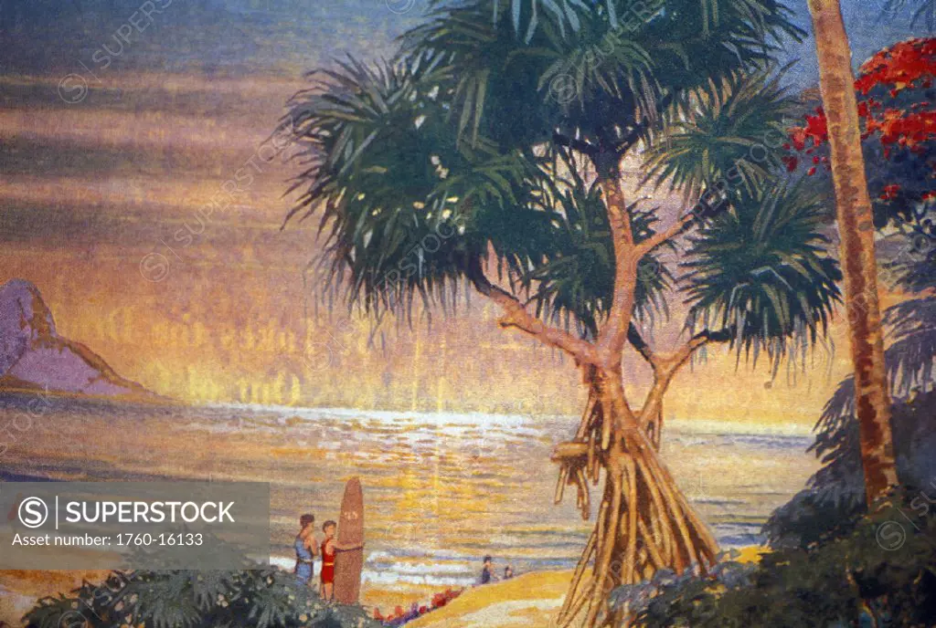 c.1929 Hawaii, Oahu, Art, surfer looks at view of ocean sunset