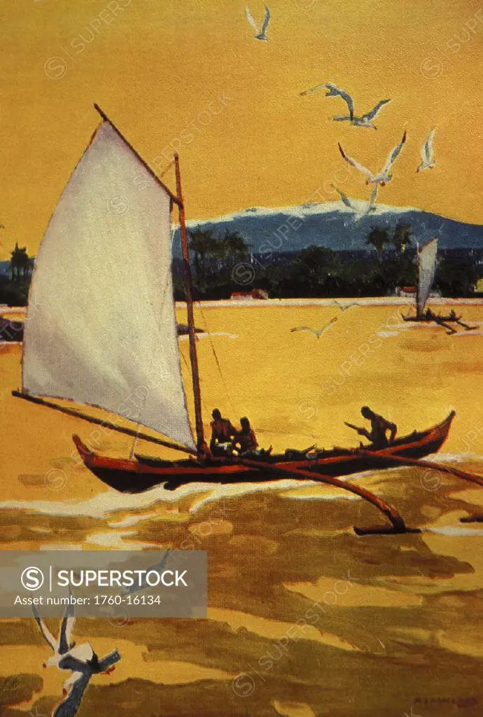 c.1922 Hawaii, Big Island, Kohala Coast, Art, outrigger sailing canoe off shore