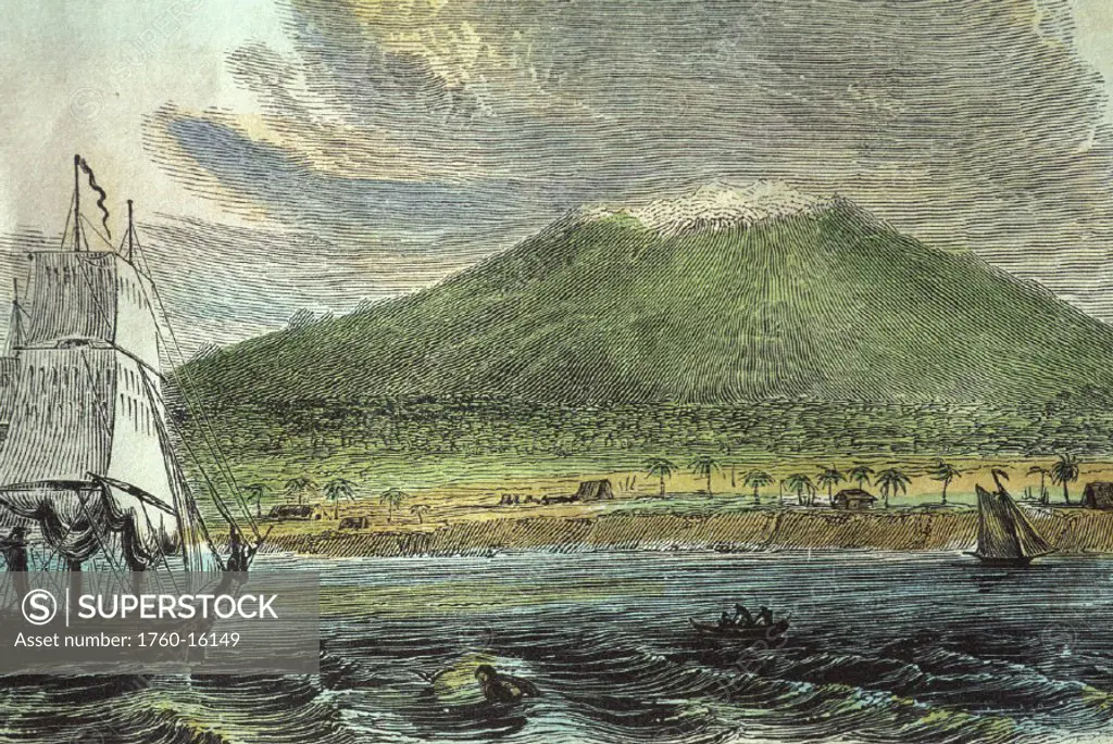 c.1830 Hawaii, Big Island, Book illustration, ships off of Kohala Coast, with snow-capped Mauna Kea