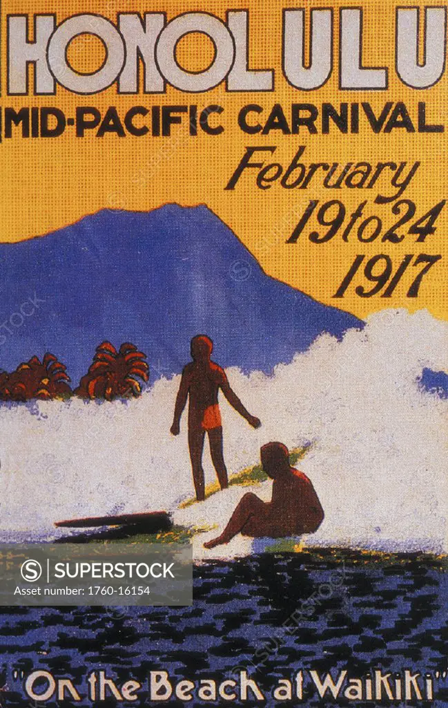 c.1917 Hawaii, Oahu, Poster, Mid Pacific Carnival, painting, surfers at Diamond Head